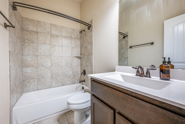 bathroom with toilet, vanity, shower / bathtub combination, and tile patterned flooring