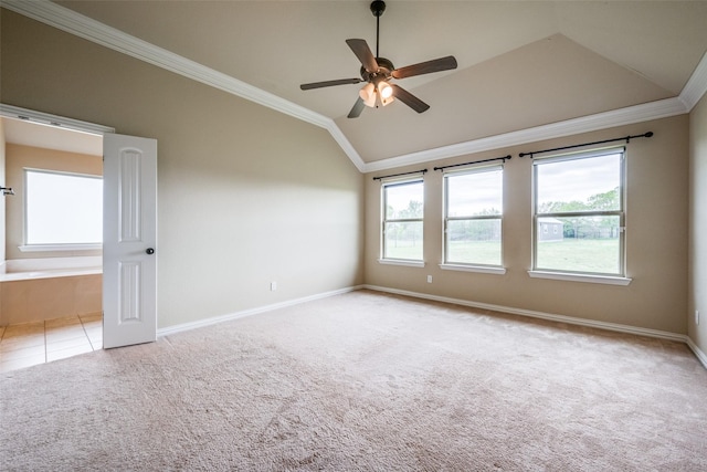 empty room featuring crown molding, lofted ceiling, carpet, baseboards, and ceiling fan