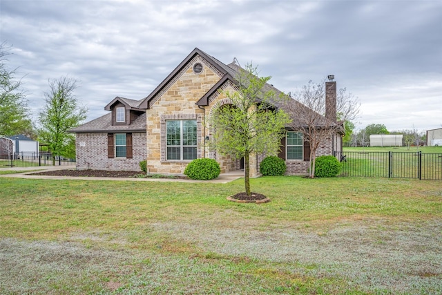 french country style house with fence, stone siding, a front yard, brick siding, and a chimney