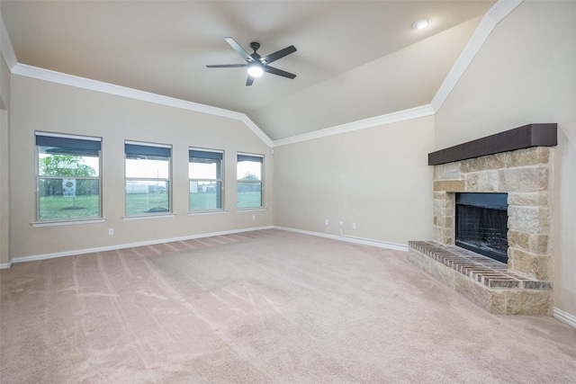 unfurnished living room with baseboards, ceiling fan, vaulted ceiling, and crown molding