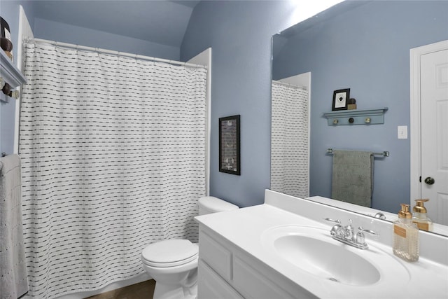 bathroom featuring toilet, lofted ceiling, vanity, and curtained shower
