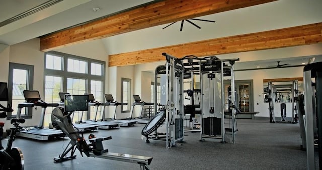 2549 Stella Ln, Northlake, TX 76247 - workout area with beamed ceiling and ceiling fan