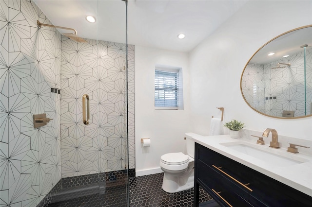 930 N Clinton Ave, Dallas, TX 75208 - bathroom featuring toilet, a stall shower, vanity, baseboards, and recessed lighting