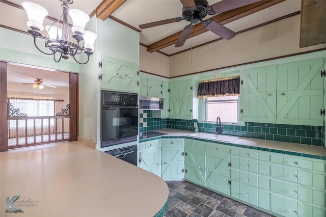 kitchen featuring tasteful backsplash, ceiling fan with notable chandelier, a sink, beamed ceiling, and black appliances