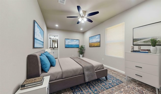 5609 Maceo Ln, Fort Worth, TX 76112 - bedroom with connected bathroom, recessed lighting, baseboards, and a ceiling fan