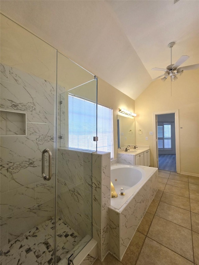 701 Canal St, Irving, TX 75063 - full bathroom featuring a bath, a marble finish shower, vanity, lofted ceiling, and a ceiling fan