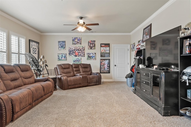 carpeted living room featuring ceiling fan, visible vents, and crown molding