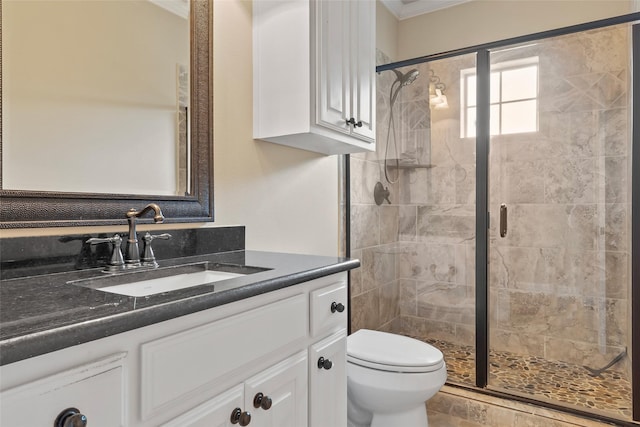 full bathroom with vanity, toilet, and a shower stall