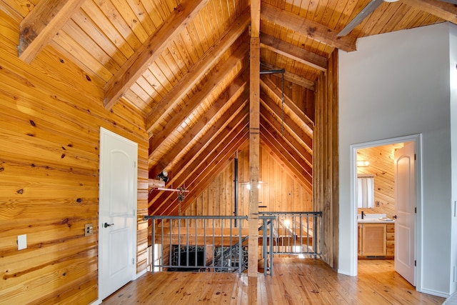 interior space featuring vaulted ceiling with beams, wooden walls, wood ceiling, and hardwood / wood-style floors
