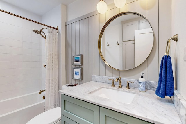 full bathroom with toilet, vanity, and shower / bathtub combination with curtain