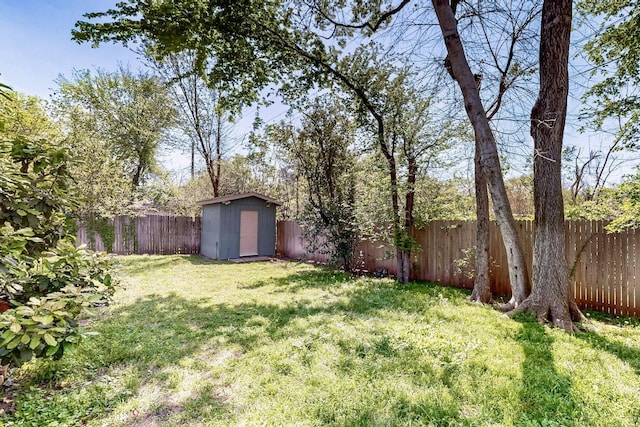 view of yard with a fenced backyard, an outbuilding, and a storage unit