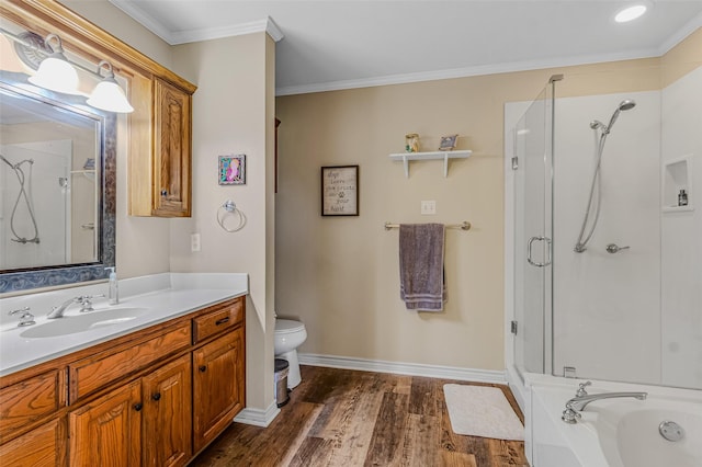 130 Vz County Road 3509, Edgewood, TX 75117 - bathroom with crown molding, toilet, vanity, a shower stall, and wood finished floors