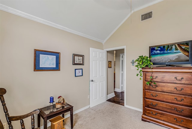 130 Vz County Road 3509, Edgewood, TX 75117 - living area featuring vaulted ceiling, carpet floors, baseboards, visible vents, and ornamental molding
