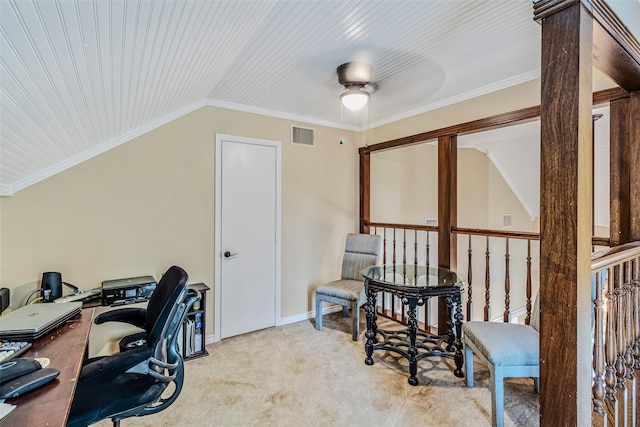 130 Vz County Road 3509, Edgewood, TX 75117 - office space with crown molding, carpet floors, a ceiling fan, lofted ceiling, and baseboards