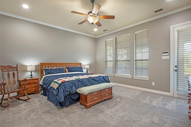 carpeted bedroom featuring visible vents, baseboards, a ceiling fan, crown molding, and recessed lighting