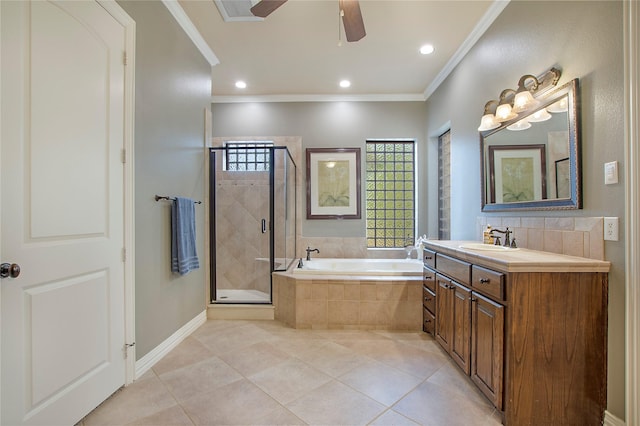 full bath featuring a garden tub, tile patterned flooring, a shower stall, and a ceiling fan