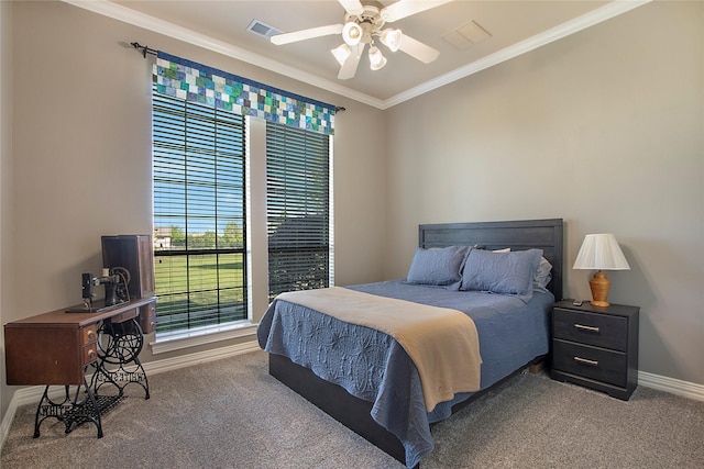 bedroom featuring carpet flooring, baseboards, ornamental molding, and visible vents