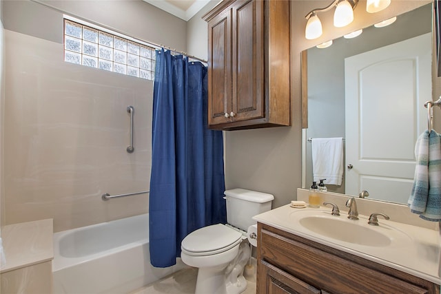 bathroom featuring crown molding, toilet, shower / tub combo with curtain, and vanity