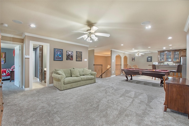 game room featuring baseboards, ceiling fan, recessed lighting, light colored carpet, and pool table