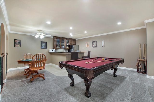recreation room featuring recessed lighting, arched walkways, a ceiling fan, and billiards