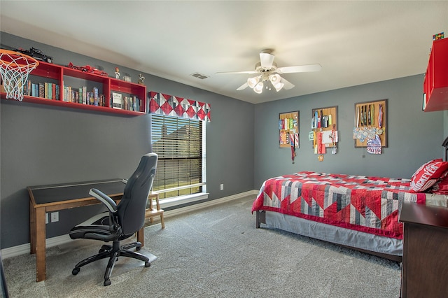 bedroom with visible vents, baseboards, a ceiling fan, and carpet