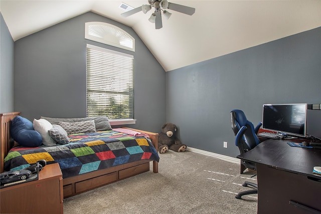 bedroom with visible vents, a ceiling fan, carpet flooring, and lofted ceiling
