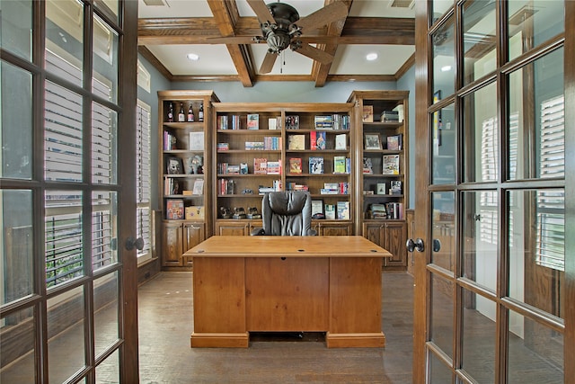 office with ceiling fan, ornamental molding, wood finished floors, coffered ceiling, and beam ceiling