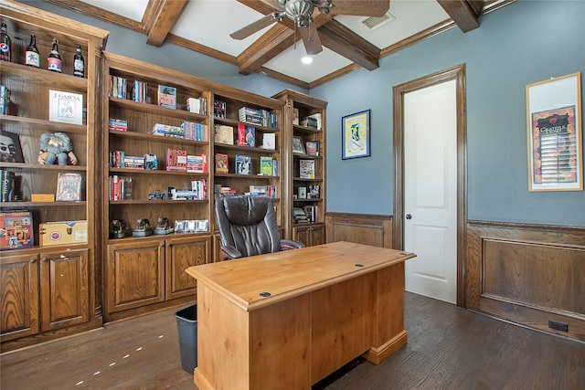 office space featuring dark wood-style flooring, beamed ceiling, a wainscoted wall, and ceiling fan
