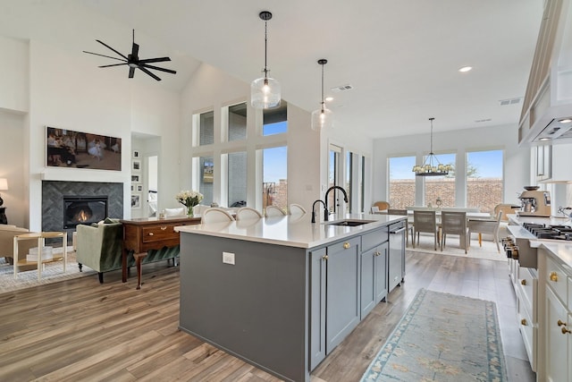 3340 Cabin Crest Pl, Frisco, TX 75033 - kitchen featuring a sink, gray cabinets, a fireplace, light countertops, and light wood-style floors