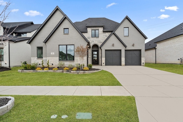 3340 Cabin Crest Pl, Frisco, TX 75033 - french country inspired facade featuring brick siding, an attached garage, driveway, a front lawn, and a shingled roof
