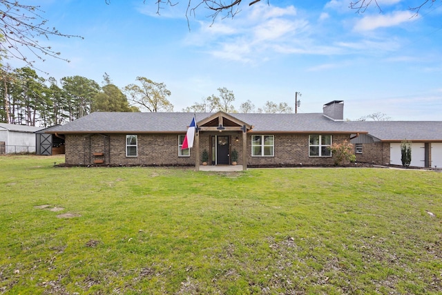2223 Farm Rd Unit 115, Mount Vernon, TX 75457 - ranch-style home with roof with shingles, a chimney, a front lawn, and brick siding