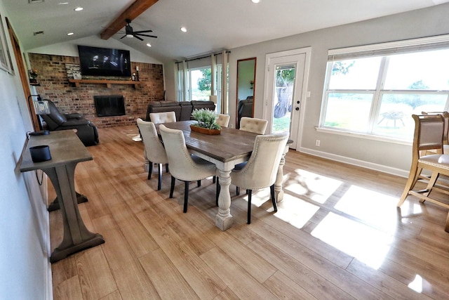 2432 Cottondale Rd, Springtown, TX 76082 - dining space featuring light wood finished floors, a fireplace, a ceiling fan, baseboards, and recessed lighting