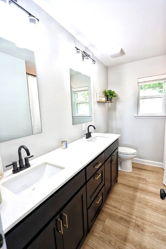 2432 Cottondale Rd, Springtown, TX 76082 - full bath with double vanity, toilet, wood finished floors, and baseboards