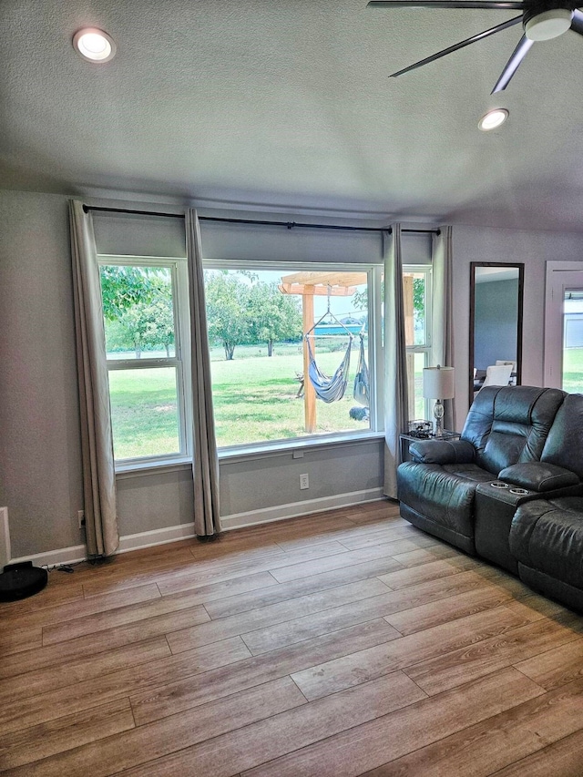 2432 Cottondale Rd, Springtown, TX 76082 - living area with a textured ceiling, a ceiling fan, wood finished floors, baseboards, and plenty of natural light
