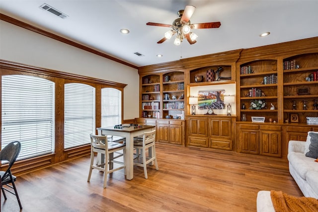 2505 Skipwith Dr, Plano, TX 75023 - interior space featuring crown molding, ceiling fan, visible vents, and recessed lighting