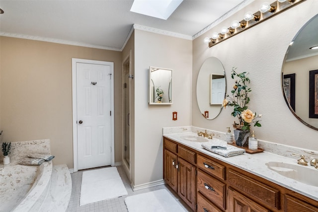 2505 Skipwith Dr, Plano, TX 75023 - bathroom featuring a sink, crown molding, and a skylight