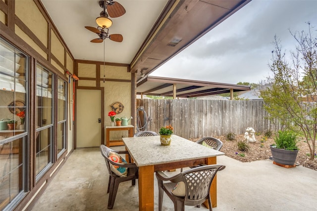 2505 Skipwith Dr, Plano, TX 75023 - view of patio / terrace featuring outdoor dining space, a ceiling fan, and a fenced backyard