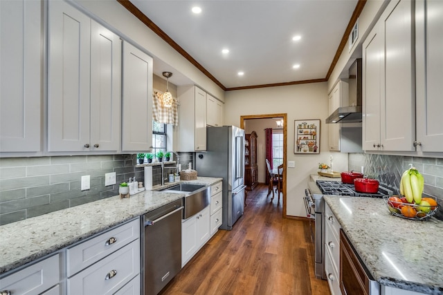2505 Skipwith Dr, Plano, TX 75023 - kitchen featuring a sink, wall chimney range hood, a healthy amount of sunlight, and appliances with stainless steel finishes