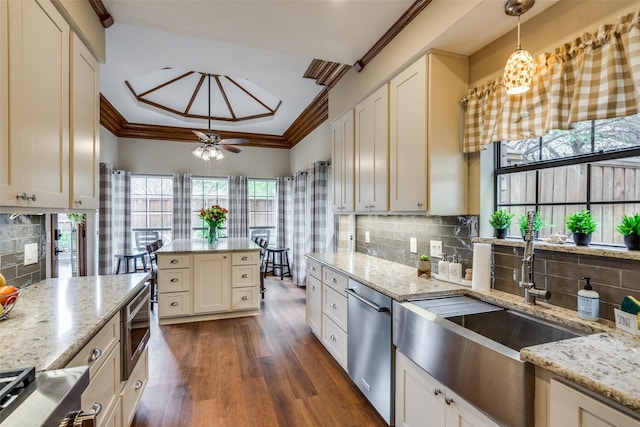 2505 Skipwith Dr, Plano, TX 75023 - kitchen featuring a sink, crown molding, stainless steel dishwasher, tasteful backsplash, and dark wood-style floors