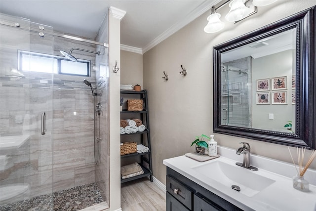2505 Skipwith Dr, Plano, TX 75023 - full bath featuring a stall shower, crown molding, baseboards, and vanity