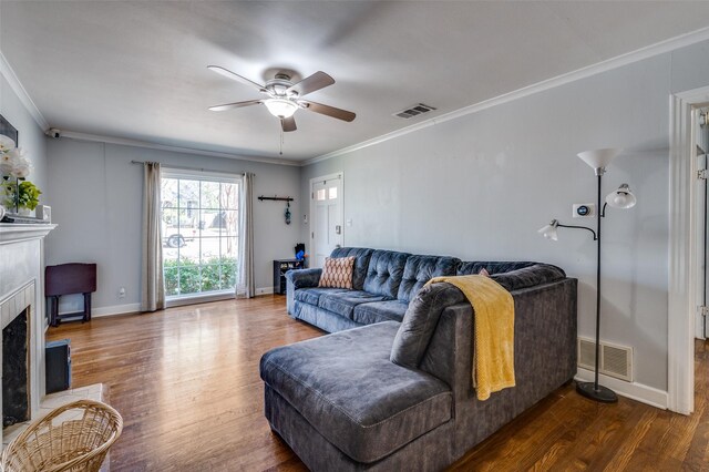3929 Collinwood Ave, Fort Worth, TX 76107 - living room featuring ceiling fan, wood finished floors, a fireplace, baseboards, and ornamental molding