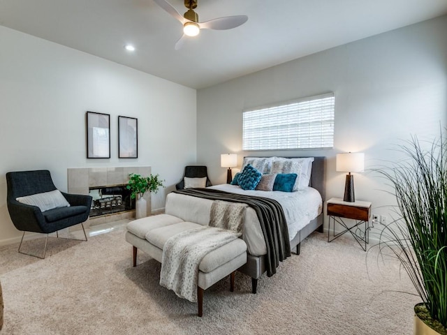 bedroom with recessed lighting, ceiling fan, and carpet