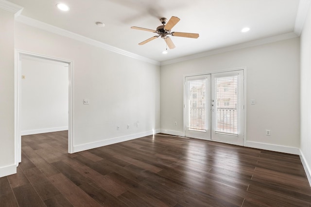 unfurnished room featuring recessed lighting, a ceiling fan, and dark wood-style flooring