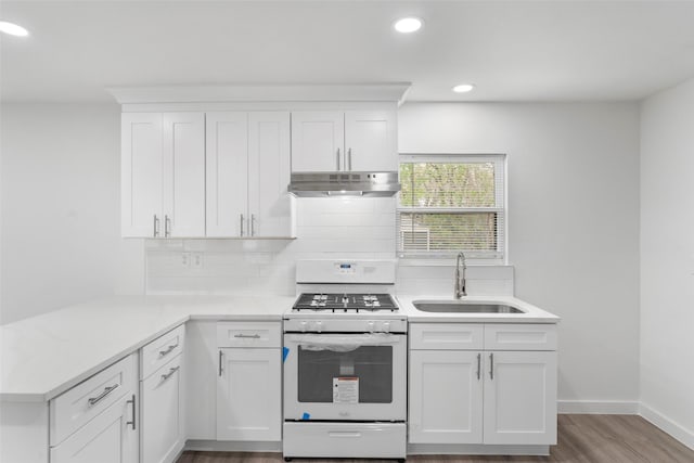 11534 Fernald Ave, Dallas, TX 75218 - kitchen with white gas range, under cabinet range hood, a sink, light countertops, and tasteful backsplash