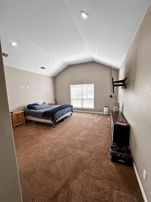 unfurnished bedroom featuring carpet flooring, lofted ceiling, recessed lighting, and baseboards