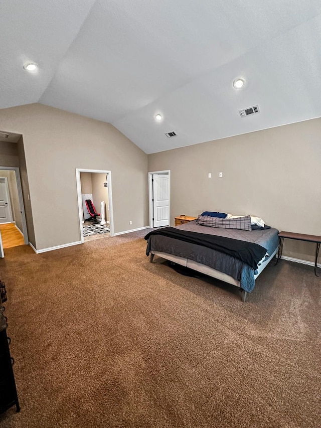 bedroom with carpet, baseboards, vaulted ceiling, and recessed lighting