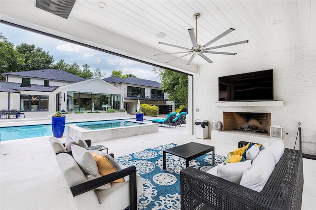 3512 Willow Bend Dr, Plano, TX 75093 - outdoor pool featuring an outdoor living space with a fireplace, ceiling fan, and a patio