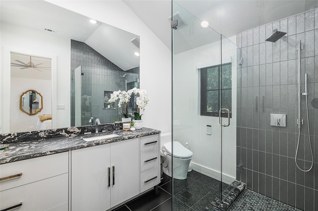3512 Willow Bend Dr, Plano, TX 75093 - ensuite bathroom with tile patterned flooring, vanity, lofted ceiling, connected bathroom, and a stall shower