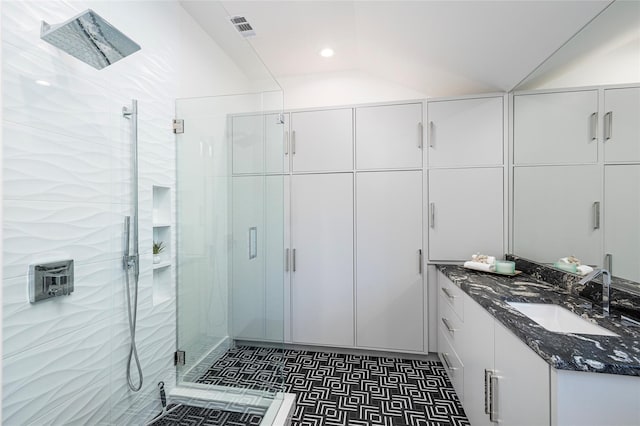 3512 Willow Bend Dr, Plano, TX 75093 - full bath featuring vanity, tile patterned floors, recessed lighting, a shower stall, and visible vents