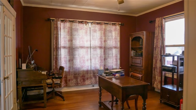 office with crown molding and wood finished floors